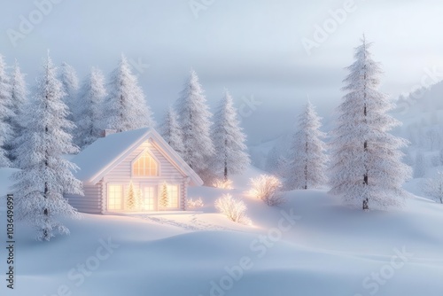 Cozy winter scene with snow-covered trees and a warm cabin, Seasonal, Warmth