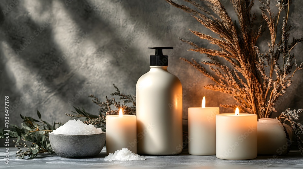 Blank shampoo bottle mockup next to bath salts and scented candles Blank shampoo bottle mockup next to bath salts and scented candles