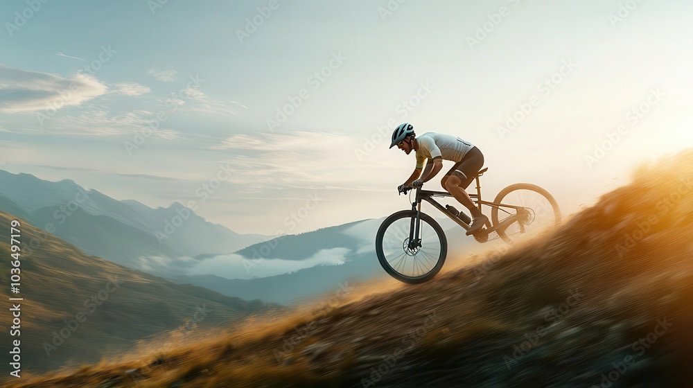 Dynamic action shot of a cyclist on a mountain trail, Sports, Challenge Dynamic action shot of a cyclist on a mountain trail, Sports, Challenge