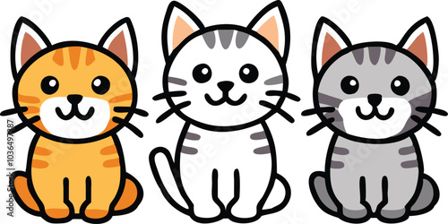 Three Cute Cartoon Cats Sitting Together