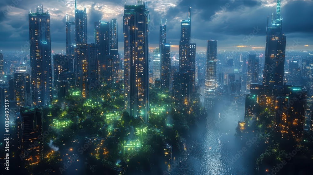 Futuristic cityscape with bioluminescent plants, Sci-fi, Innovation Futuristic cityscape with bioluminescent plants, Sci-fi, Innovation