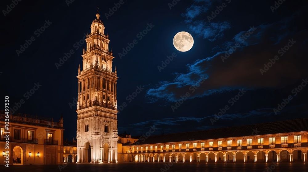 Naklejka premium A majestic nocturne scene of Seville's Giralda Tower, the ancient Moorish-inspired bell tower, standing tall and proud, bathed in the soft