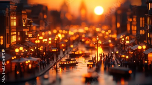 High-angle shot of a bustling city market at dawn, Urban, Life