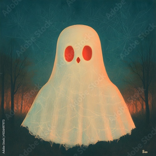 Whimsical ghost in a spooky forest at dusk photo