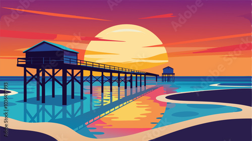With the sun setting behind the pier the colorful sky reflects on the wet sand creating a stunning contrast.