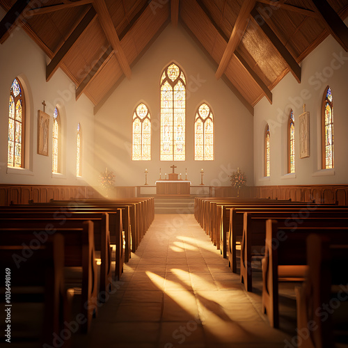 Serene Ambiance of a Tranquil Chapel with Stained Glass Windows and Wooden Interior Promoting Peaceful Introspection