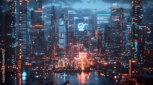 Futuristic Cityscape with Cybersecurity Elements