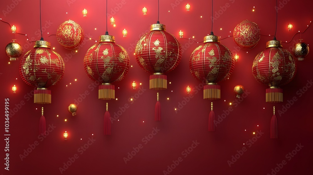 Red Chinese New Year banner mockup with golden calligraphy and festive elements Red Chinese New Year banner mockup with golden calligraphy and festive elements