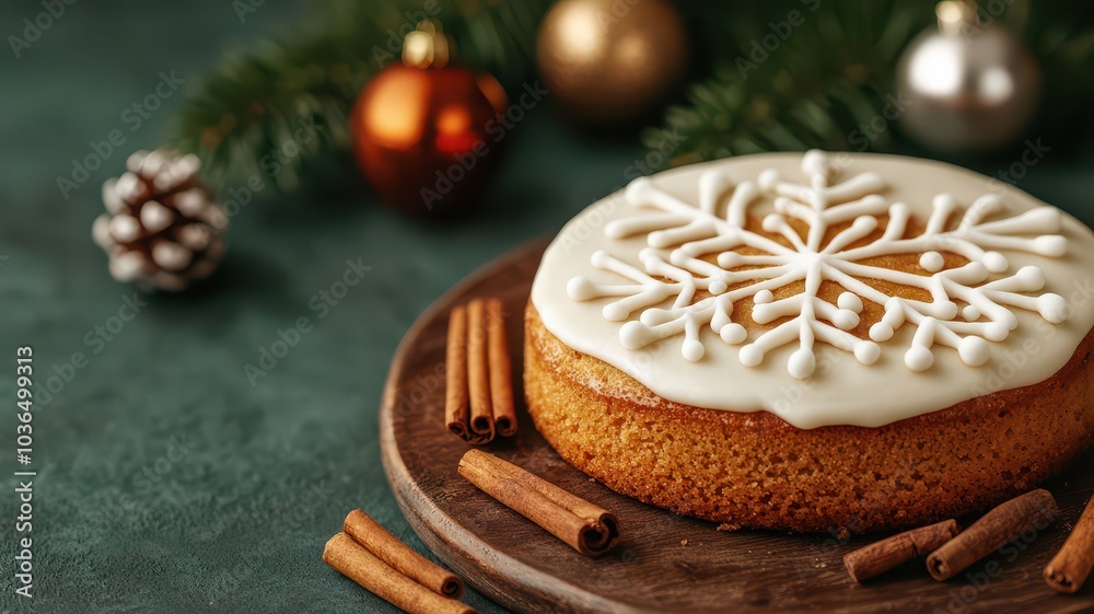 A beautifully decorated cake with a snowflake design, surrounded by festive ornaments and cinnamon sticks, perfect for holiday celebrations. A beautifully decorated cake with a snowflake design, surrounded by festive ornaments and cinnamon sticks, perfect for holiday celebrations.