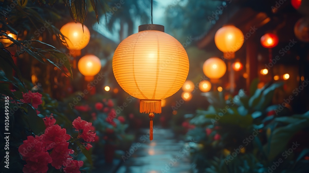 Obraz premium Red Chinese New Year mockup with hanging lanterns and festive red decorations