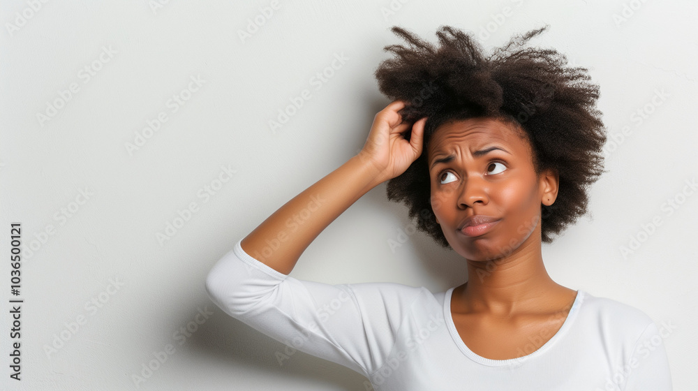 Frustrated consumer holding head, staring at blank wall with confused expression, isolated on neutral background, conveying consumer frustration and confusion. Frustrated consumer holding head, staring at blank wall with confused expression, isolated on neutral background, conveying consumer frustration and confusion.