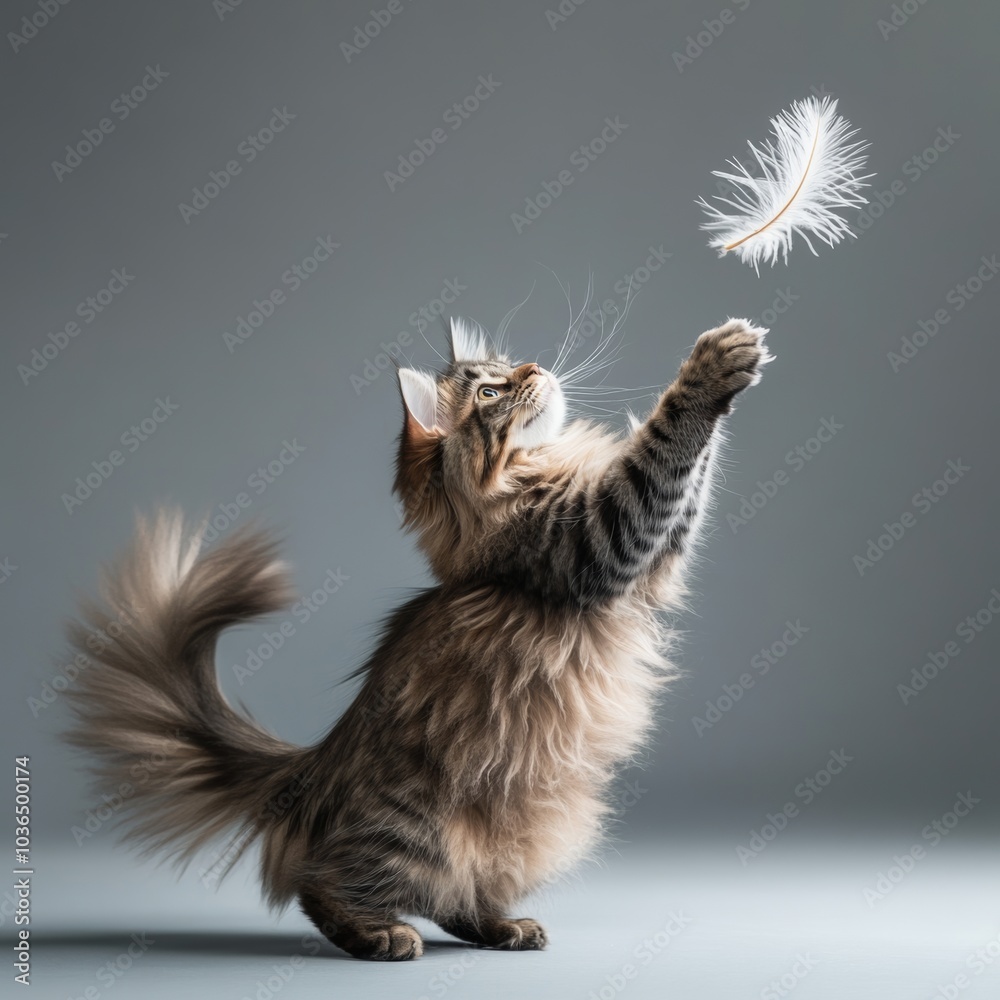 Obraz premium A fluffy Longhair cat playfully swatting at a feather toy, its long fur and bushy tail creating a dynamic scene full of energy and charm