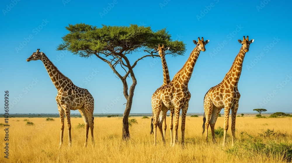 Obraz premium Giraffes graze in the golden savanna under a clear blue sky, standing near a lone acacia tree in Tanzania wildlife reserve