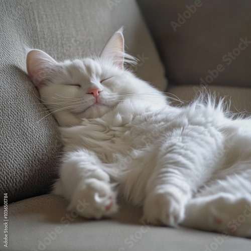 A fluffy white Ragdoll cat lying comfortably on a soft couch, its gentle features and luxurious fur radiating tranquility photo