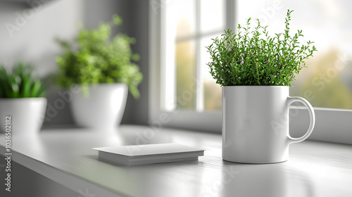 Blank business cards beside a modern matte coffee mug on a white desk