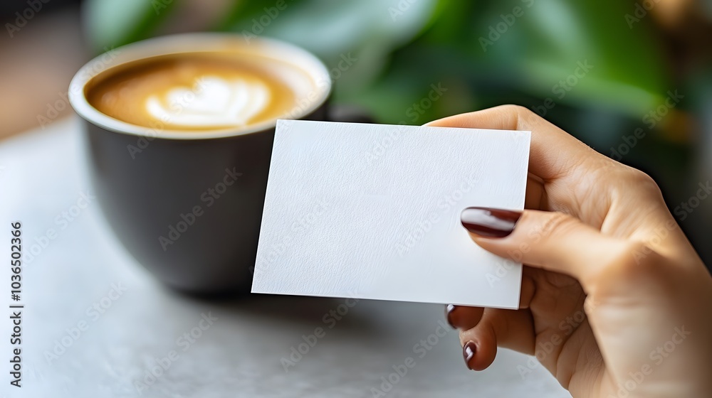 Obraz premium Blank business cards next to a stylish coffee mug on a light gray table