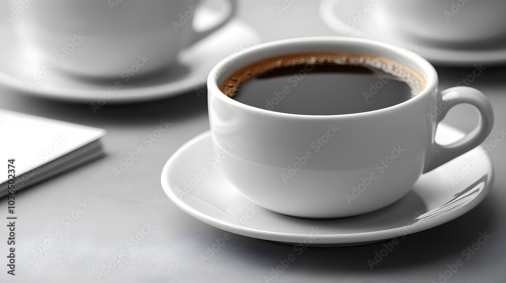 Blank business cards next to a stylish coffee mug on a light gray table Blank business cards next to a stylish coffee mug on a light gray table
