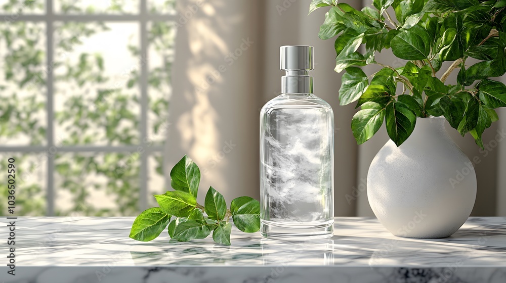 Elegant mockup of blank perfume bottles on a marble surface with soft shadows Elegant mockup of blank perfume bottles on a marble surface with soft shadows