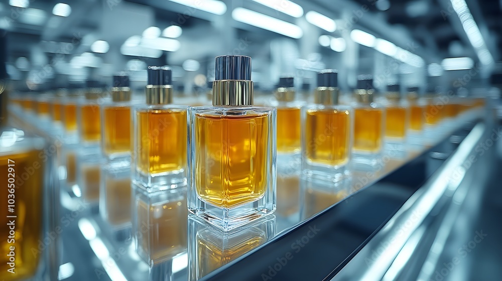 Blank perfume bottles with gold accents placed on a glass shelf with reflections Blank perfume bottles with gold accents placed on a glass shelf with reflections