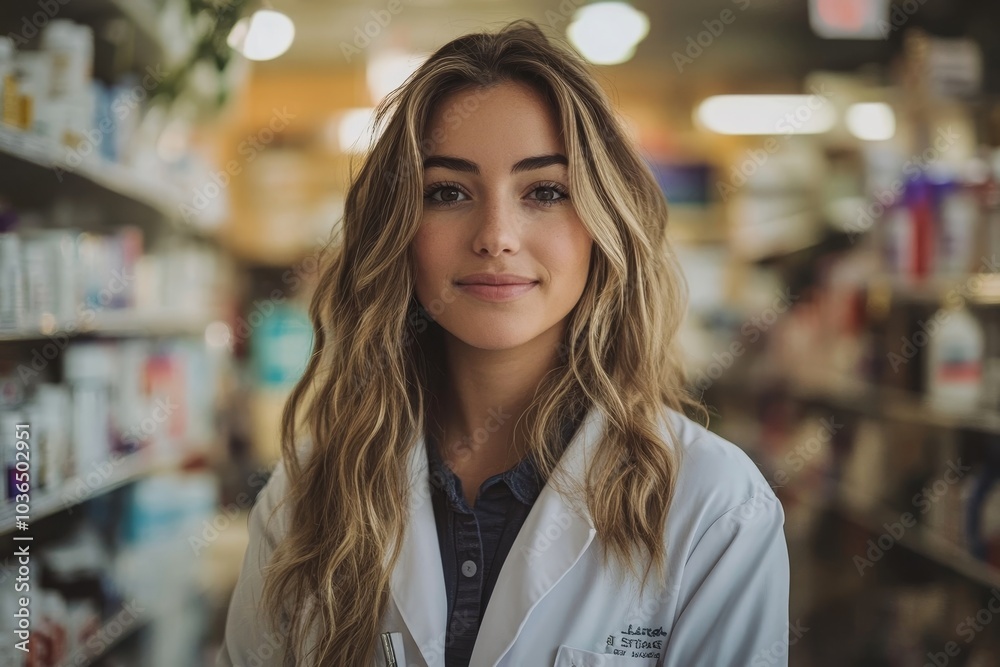 Female pharmacist standing in a drug store, Generative AI Female pharmacist standing in a drug store, Generative AI
