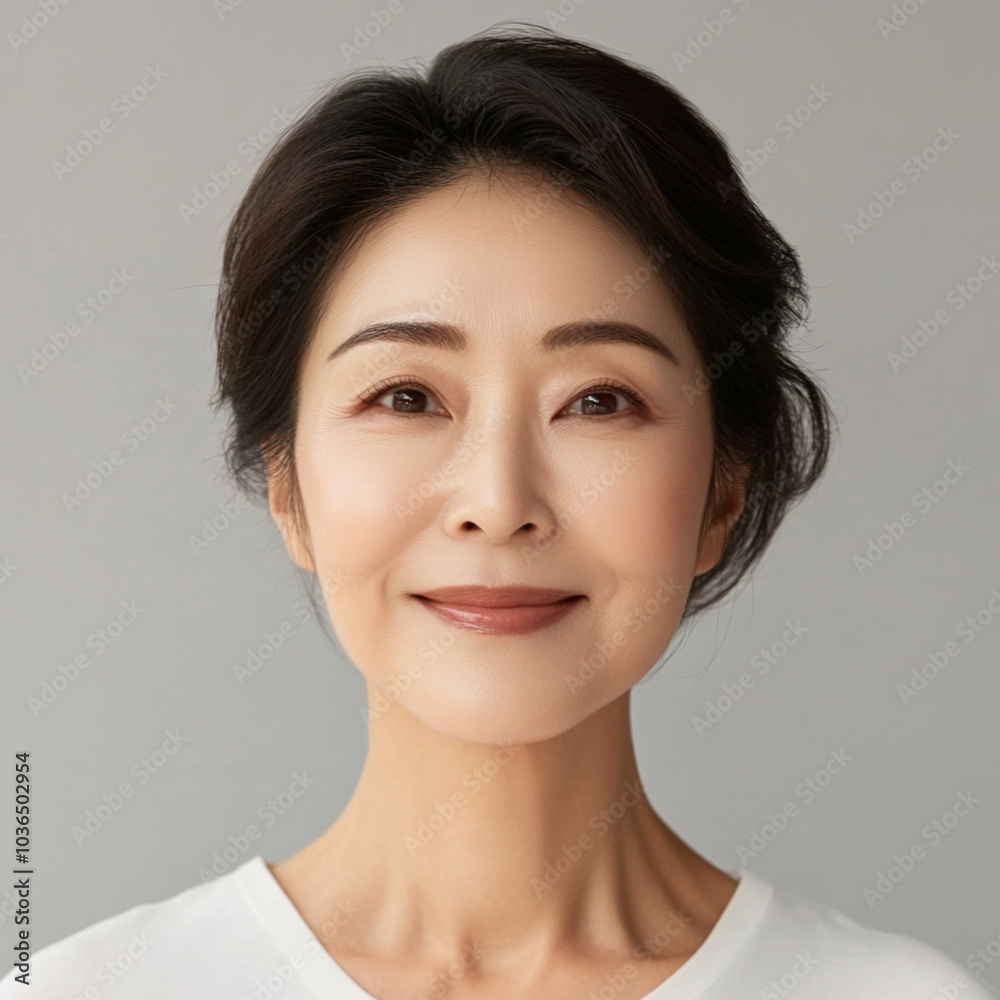 Close-up photo of a beautiful Korean woman in her fifties with natural hairstyle, with no stray hairs. She is smiling while looking forward. Close-up photo of a beautiful Korean woman in her fifties with natural hairstyle, with no stray hairs. She is smiling while looking forward.