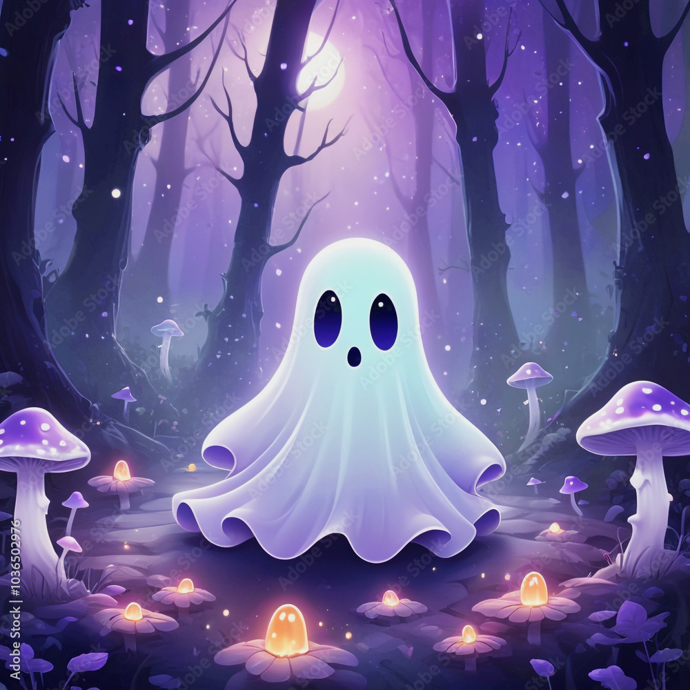 A cute, glowing ghost with lavender and silver hues A cute, glowing ghost with lavender and silver hues
