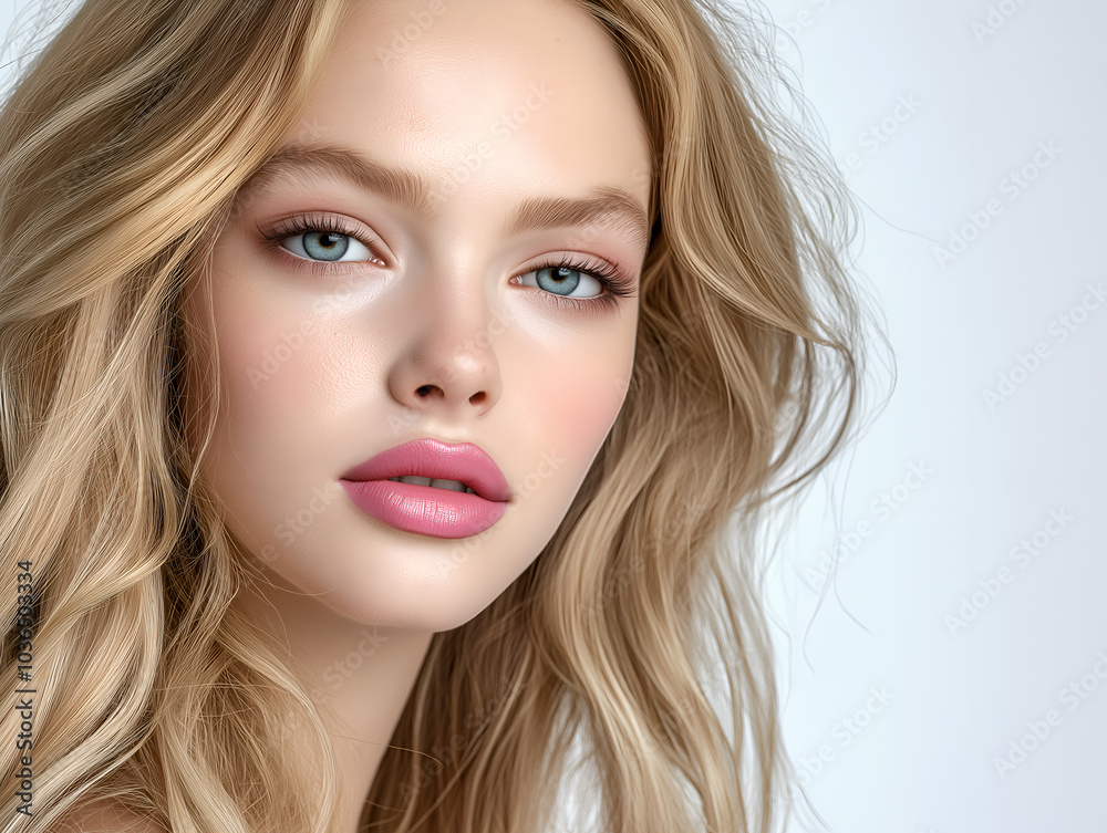 Beautiful woman with long curly blonde hair, pink lipstick, natural makeup to show healthy skin, taken with soft light, beauty shot in studio. Beautiful woman with long curly blonde hair, pink lipstick, natural makeup to show healthy skin, taken with soft light, beauty shot in studio.