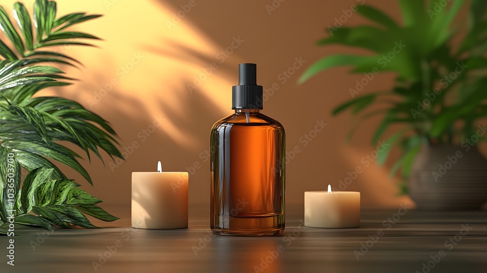 Minimalist mockup of blank perfume bottles next to candles on a neutral surface Minimalist mockup of blank perfume bottles next to candles on a neutral surface