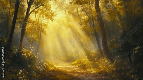 Golden Rays of Light in a Mystical Forest