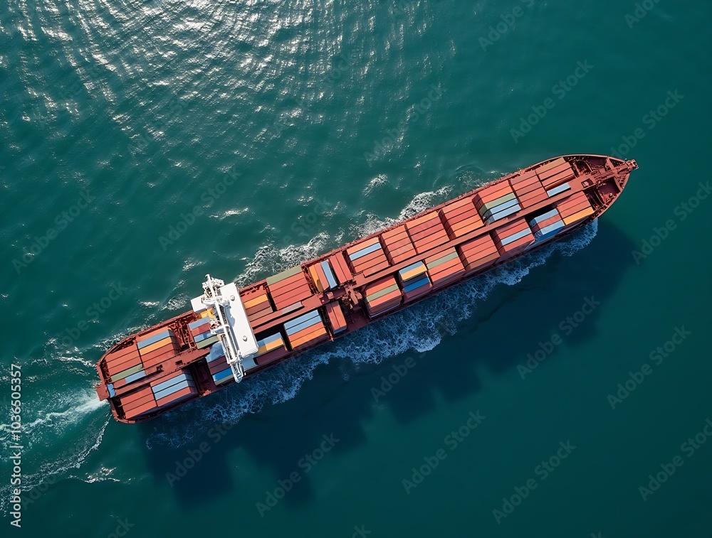 Fototapeta premium A massive cargo ship cuts through the turquoise sea, a testament to global trade. The vessel's rhythmic movement across the water underscores the efficiency of international shipping.