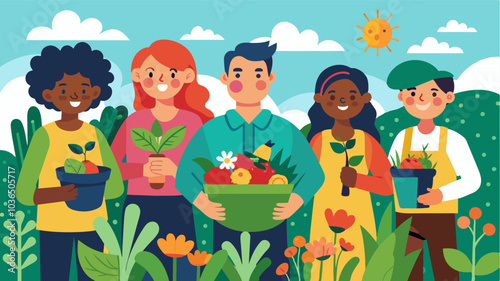 Proud residents showing off their gardens full of colorful blooms and healthy vegetables all fertilized by the compost they created together.. Vector illustration