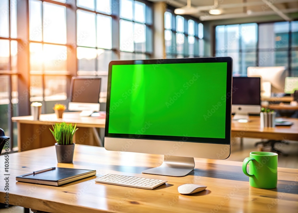 Long Exposure of Computer with Green Screen in Office Setting