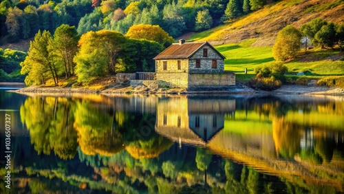 Macro Reflection of a House in Embalse del Ro Sil, Galicia, Spain