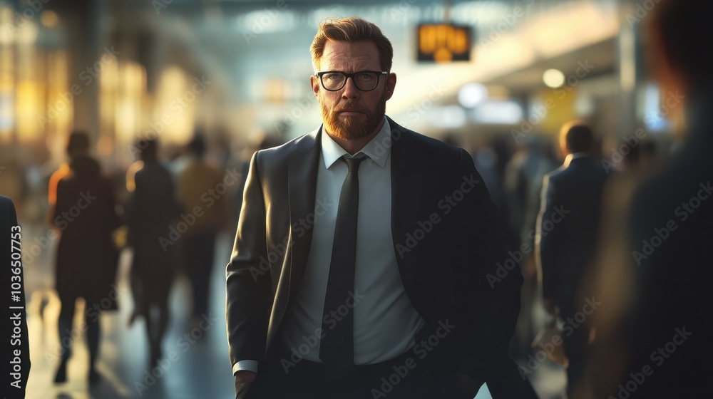 Fototapeta premium A business professional captured striding purposefully in a busy terminal, representing the hustle and urgency of corporate life.