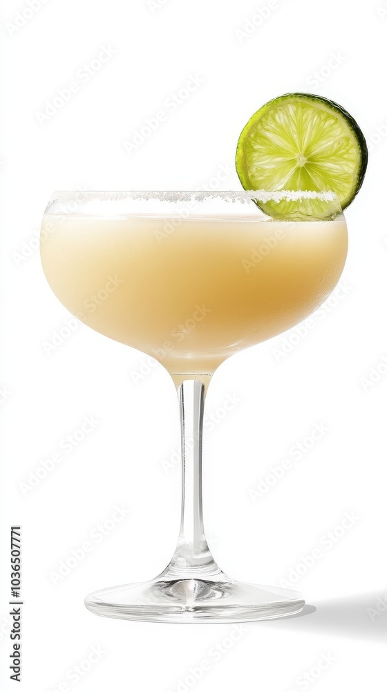 Daiquiri cocktail with pale liquid and lime wheel garnish in a chilled coupe glass. White background highlighting the smooth and elegant presentation. Daiquiri cocktail with pale liquid and lime wheel garnish in a chilled coupe glass. White background highlighting the smooth and elegant presentation.