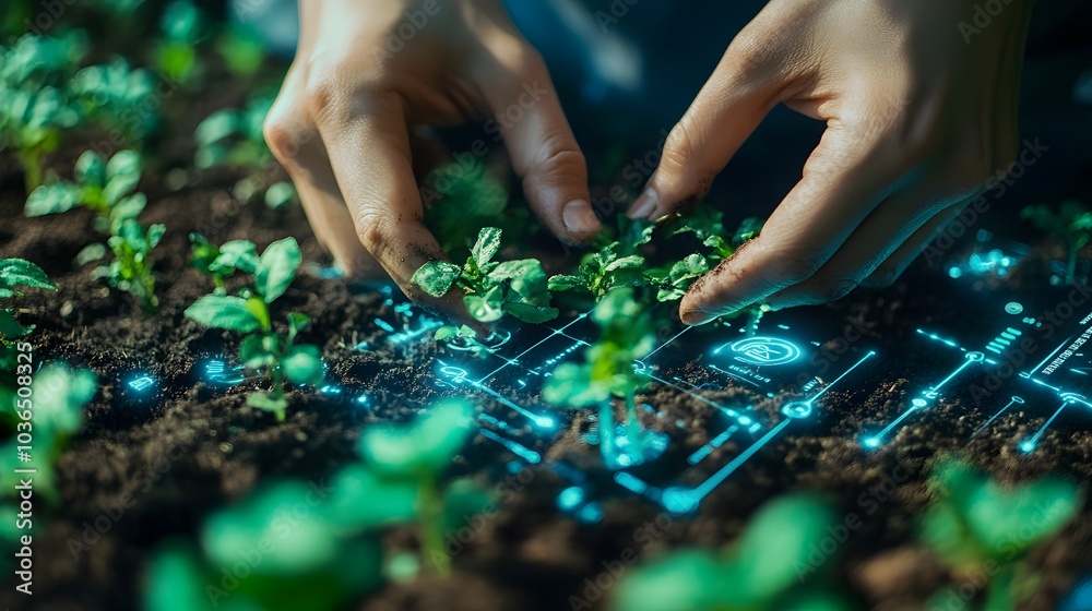 Hands holding seedlings, Modern agriculture with technology concept. Hands holding seedlings, Modern agriculture with technology concept.
