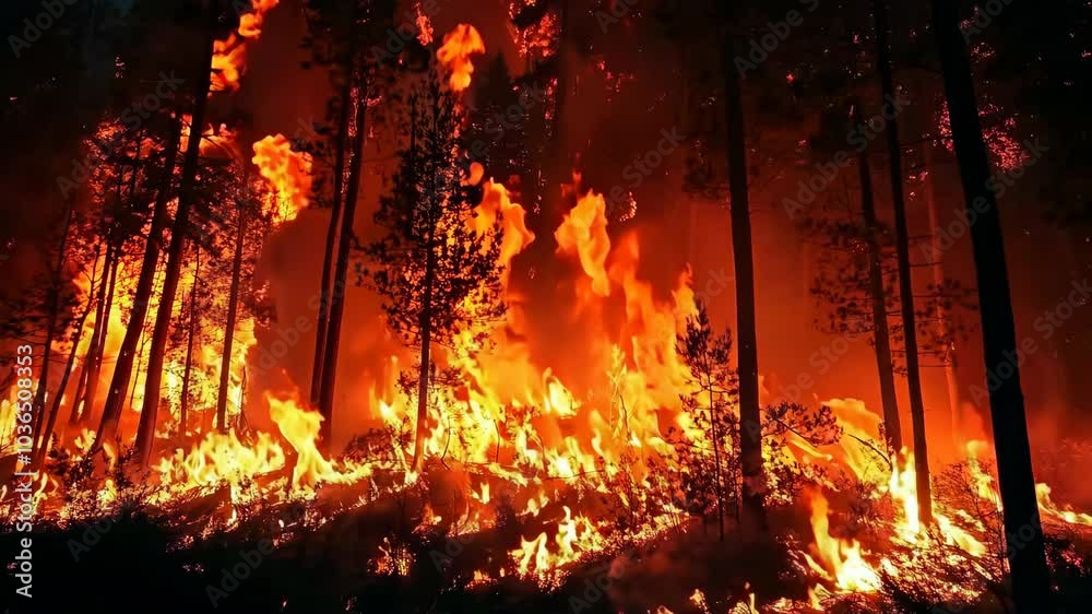 A forest fire is raging through a wooded area. The trees are on fire and the sky is dark. Scene is one of danger and destruction A forest fire is raging through a wooded area. The trees are on fire and the sky is dark. Scene is one of danger and destruction