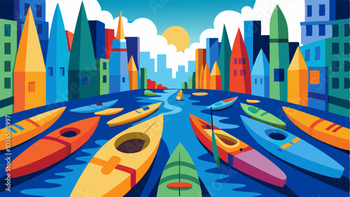 Vibrant kayaks dotting the city canal creating a lively and energetic atmosphere in the urban landscape.