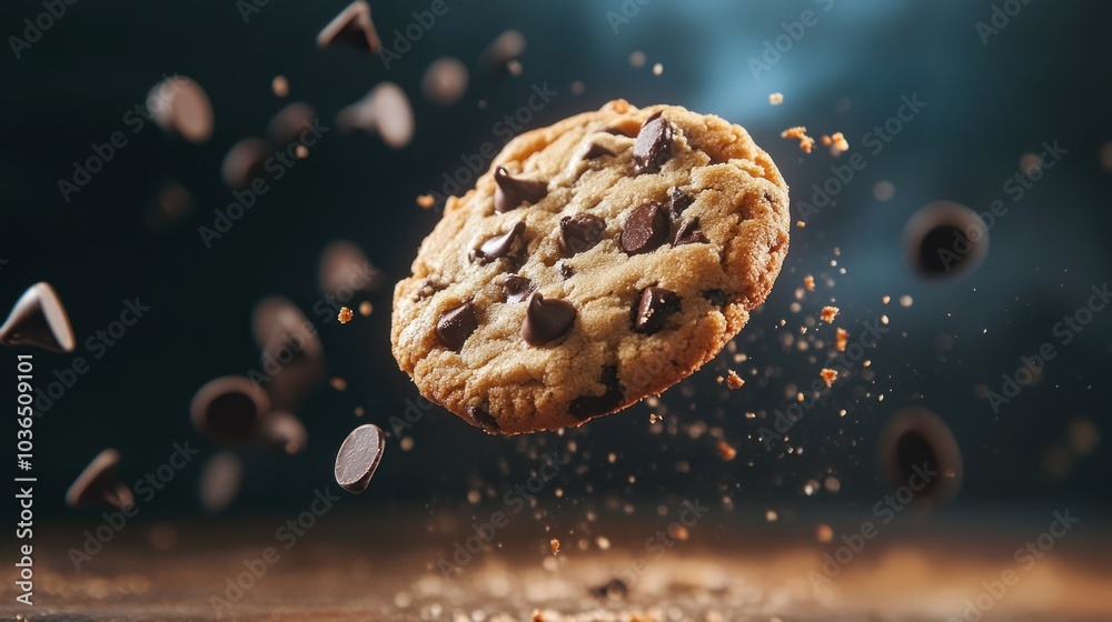 A chocolate chip cookie floating with chocolate chips around it, showcasing a delicious treat. A chocolate chip cookie floating with chocolate chips around it, showcasing a delicious treat.