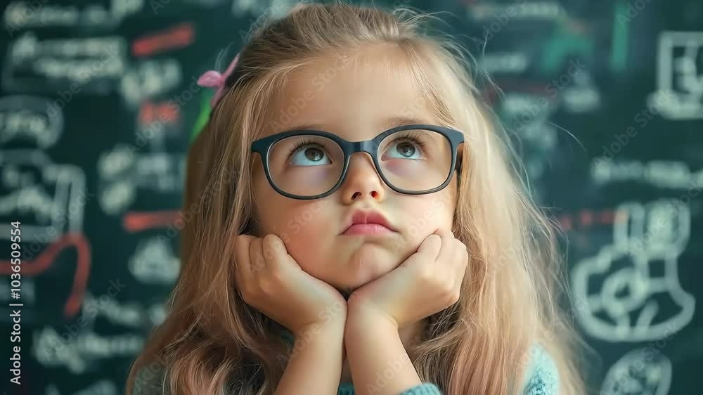 A young girl with glasses is looking at a chalkboard with a lot of writing on it. She is deep in thought, possibly trying to solve a problem or understand a concept A young girl with glasses is looking at a chalkboard with a lot of writing on it. She is deep in thought, possibly trying to solve a problem or understand a concept