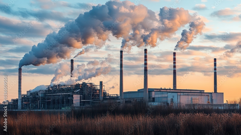 A large industrial factory releases thick smoke from multiple chimneys into the sky, highlighting environmental pollution and air quality concerns. A large industrial factory releases thick smoke from multiple chimneys into the sky, highlighting environmental pollution and air quality concerns.