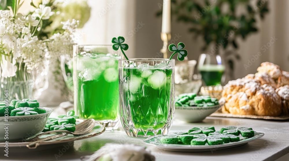 A festive table spread for St. Patrick Day, featuring green cocktails, shamrock cookies, and Irish soda bread. A festive table spread for St. Patrick Day, featuring green cocktails, shamrock cookies, and Irish soda bread.