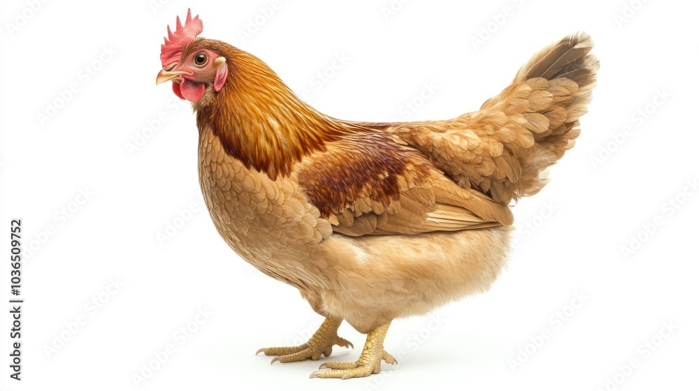 A detailed image of a brown hen standing on a white background. A detailed image of a brown hen standing on a white background.