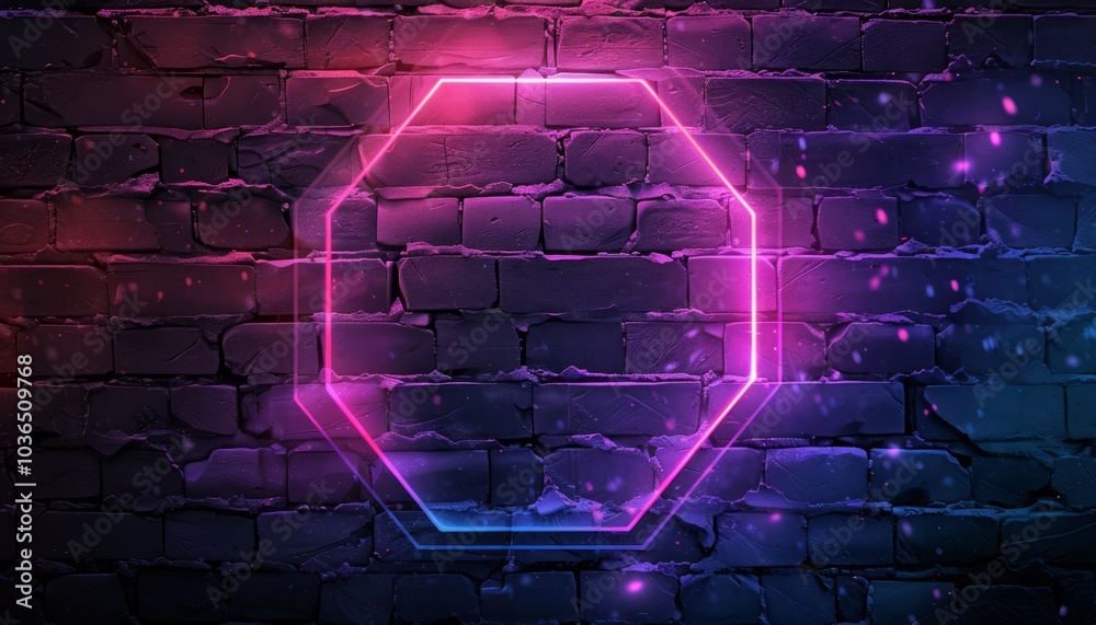 Neon Sign: Bright Pink Hexagon Light Against a Dark Brick Wall Neon Sign: Bright Pink Hexagon Light Against a Dark Brick Wall