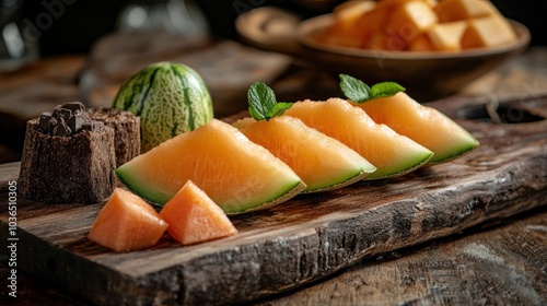 A wooden board displays fresh melon slices, chocolate, and a small melon, highlighting a healthy snack.