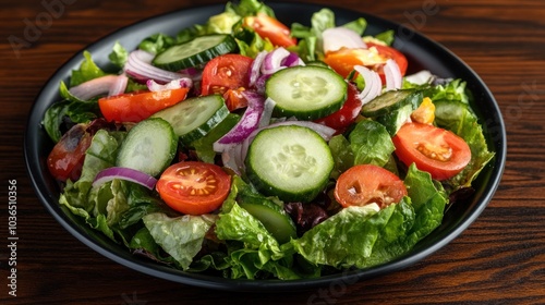 A fresh salad featuring mixed greens, tomatoes, cucumbers, and onions in a black bowl.