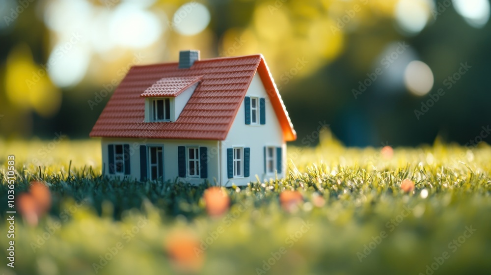 A small model house sits on vibrant green grass, symbolizing home and tranquility. A small model house sits on vibrant green grass, symbolizing home and tranquility.