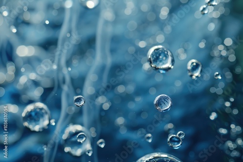 Water Droplets Suspended in Air, Blue Background