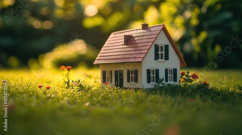 A miniature house on grass with soft lighting and flowers, evoking a serene atmosphere.