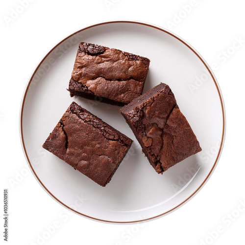 Brownies on white plate on transparent background top view